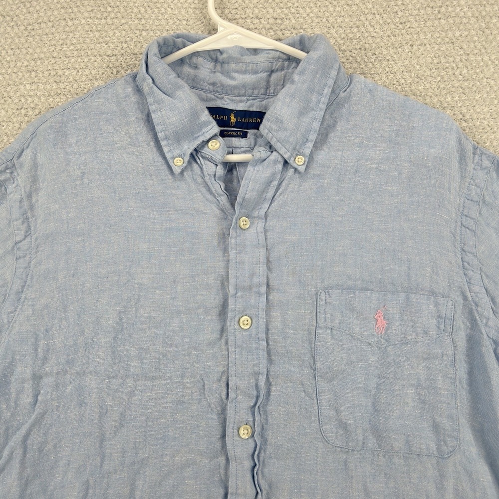 Polo Ralph Lauren Shirt Mens XL Blue Linen Classic Fit Short Sleeve Button Down